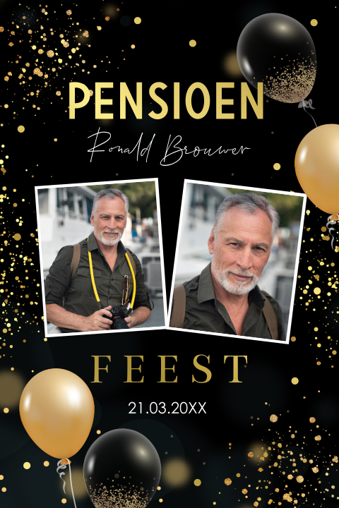 Pensioen uitnodiging met foto zwart ballonnen goudfolie
