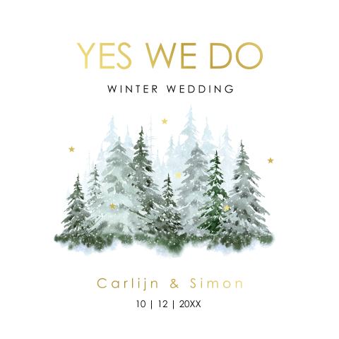 Winter wedding trouwkaart groen forrest goudfolie vierkant