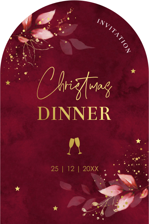 Kerstdiner uitnodiging zakelijk boog vorm rood botanisch goudfolie
