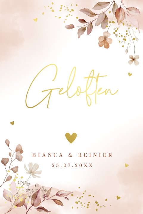 Geloftenkaart terracotta flowers watercolour goudfolie