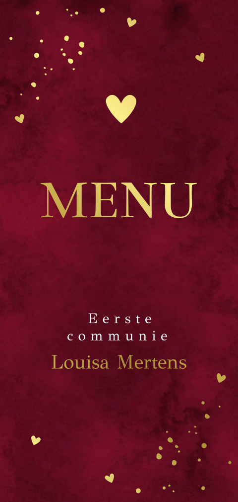 Menukaart communie rood spetters hartje goudfolie