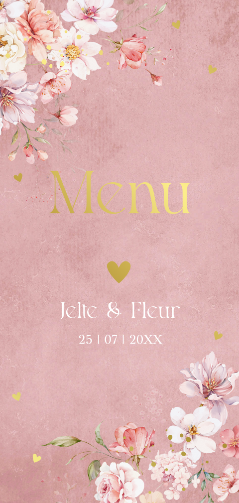 Menukaart bruiloft bloemen oudroze dusty pink goudfolie