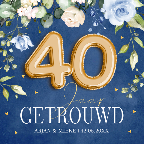 Jubileum uitnodiging 40 jaar getrouwd bloemen blauw houtlook
