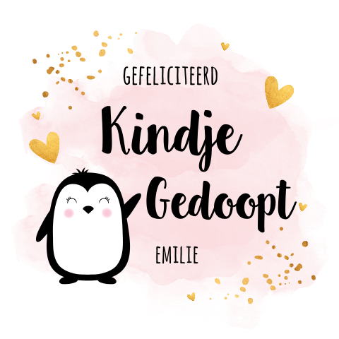 Felicitatie kaart doop meisje dieren pinguïn waterverf roze