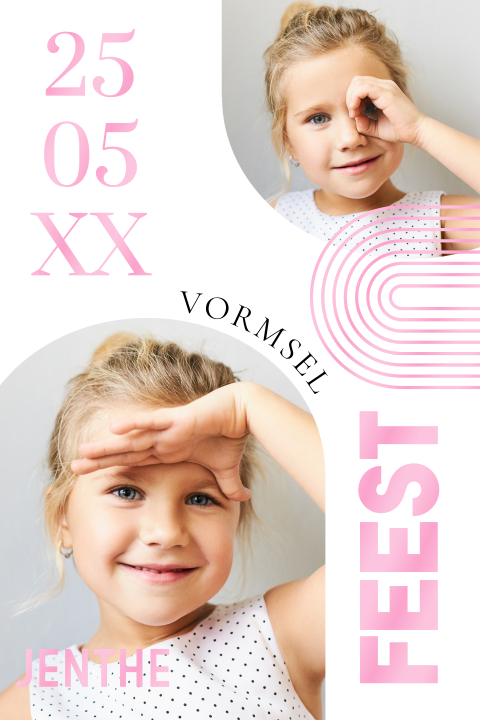 Uitnodiging vormsel meisje foto boogvorm hoogglans roze