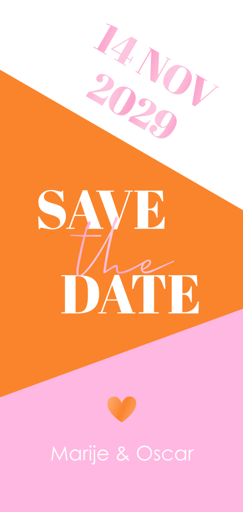 Save the Date kaart oranje roze colourblocking hoogglans
