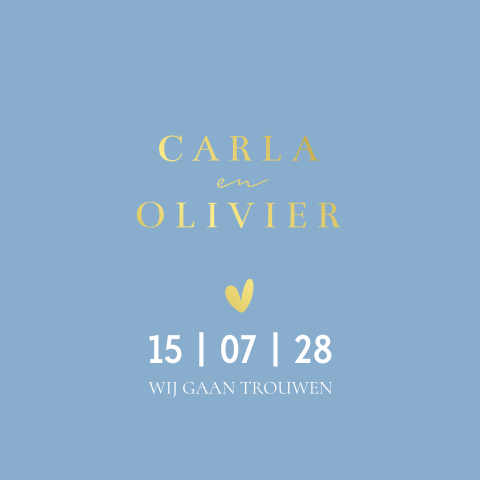 Stijlvolle trouwkaart lichtblauw met goudfolie