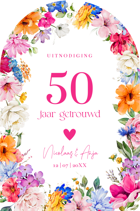 Jubileum uitnodiging 50 jaar getrouwd bloemen boog