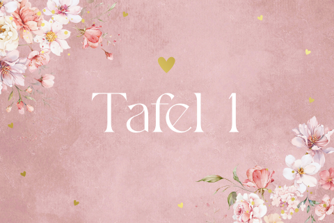 Tafelkaart huwelijk roze bloemen goudfolie