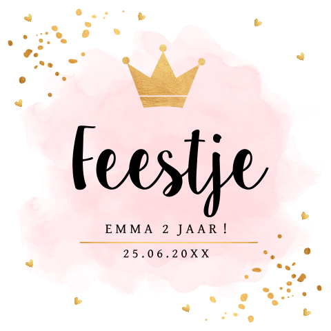 Uitnodiging kinderfeestje meisje roze kroontje goudlook