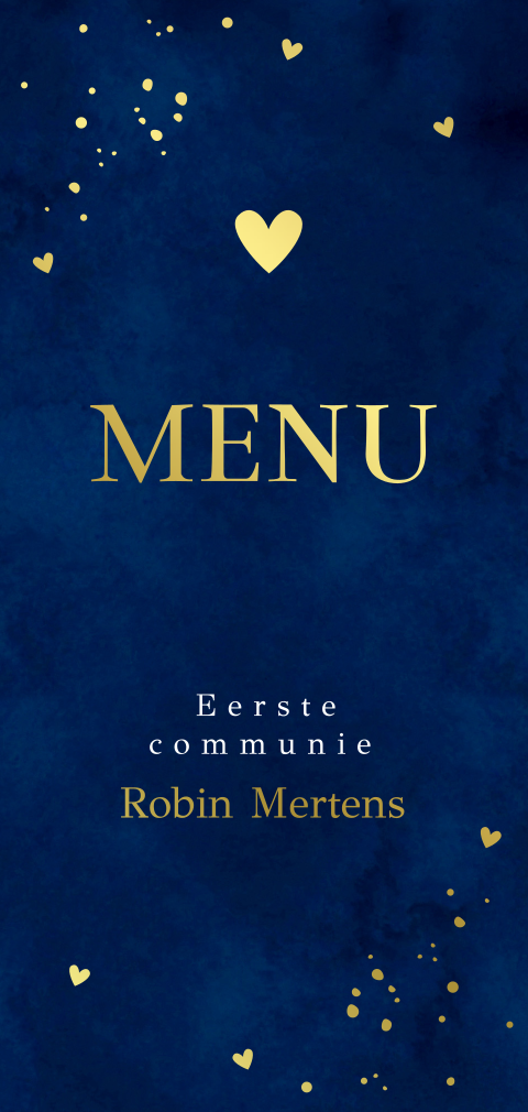 Menukaart communie blauw spetters hartje goudfolie