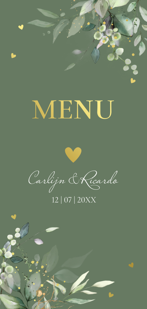 Menukaart huwelijk langwerpig groen botanisch bladeren goudfolie
