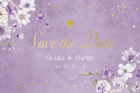 Save the Date uitnodiging paars bloemen goudfolie
