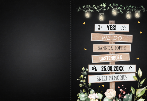 Gastenboek huwelijk zwart houten wegwijzer lampjes botanisch