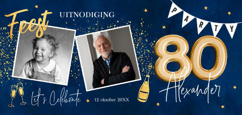 Uitnodiging verjaardag 80 jaar foto blauw goud man slinger feest