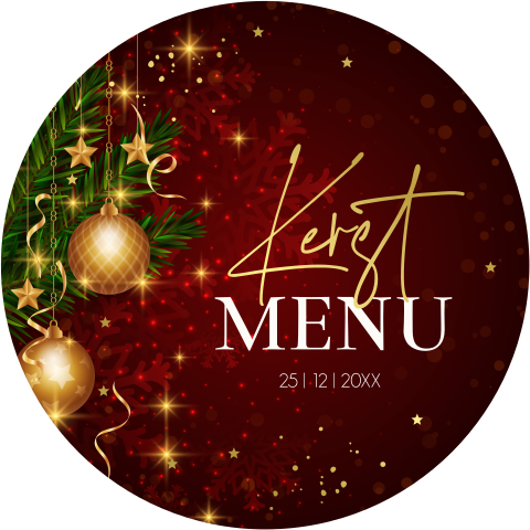 Kerstmenukaart rond rood kerstballen met goudfolie