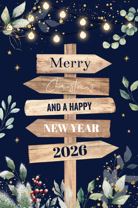 Kerstkaart houten wegwijzer botanisch bladeren blauw groen 2026