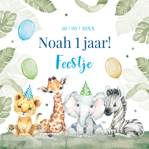 Uitnodiging kinderfeestje jongen 1 jaar jungle dieren ballonnen