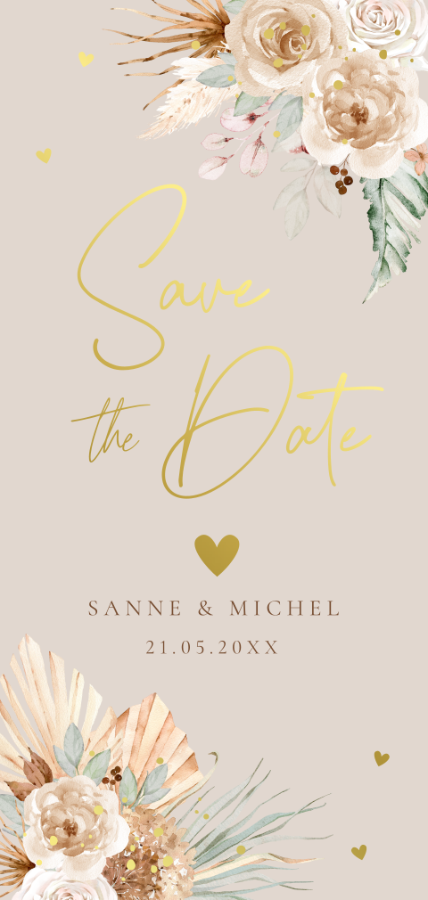 Save the Date uitnodiging bohemian bloemen naturel beige goudfolie