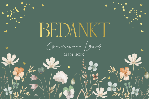 Bedankkaart communie jongen bloemen groen goudfolie
