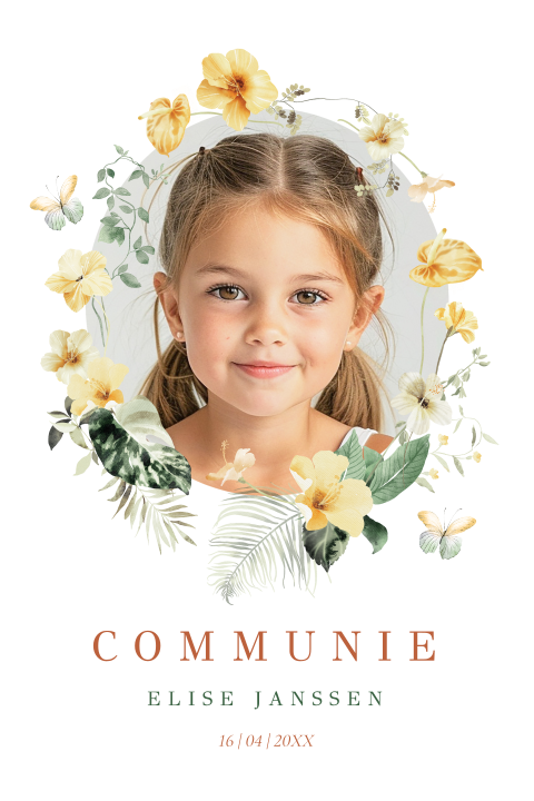 Communie uitnodiging meisje boog met foto bloemen vlinders geel