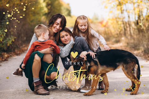 Kerstkaart met foto en goudfolie typografie hartje