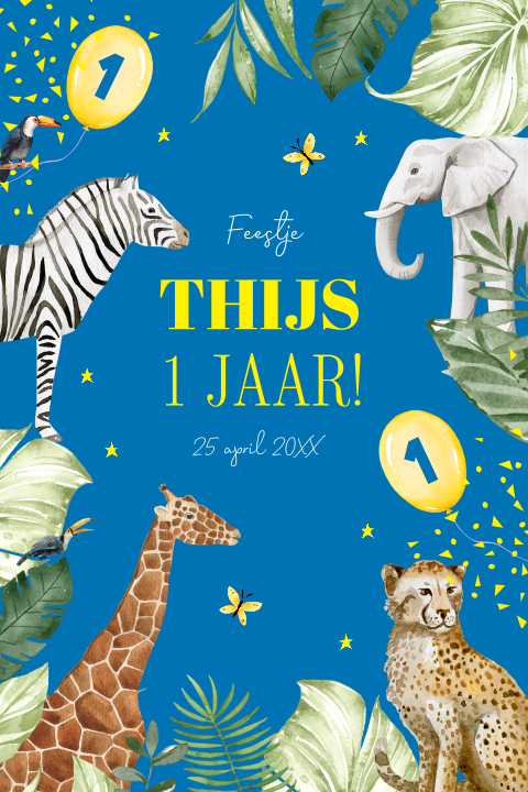 Uitnodiging kinderfeestje jongen blauw 1 jaar jungle dieren ballonnen
