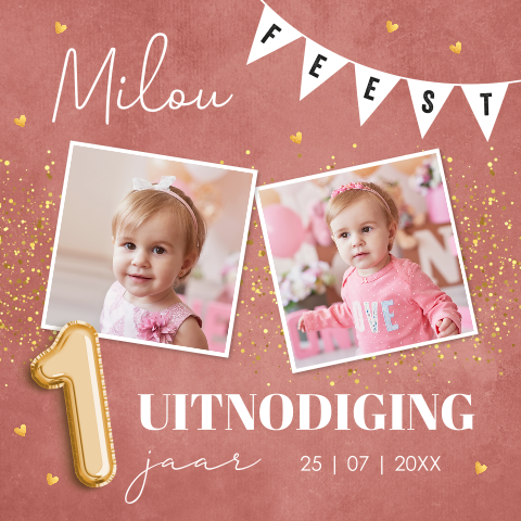 Uitnodiging kinderfeestje meisje foto slinger 1 jaar