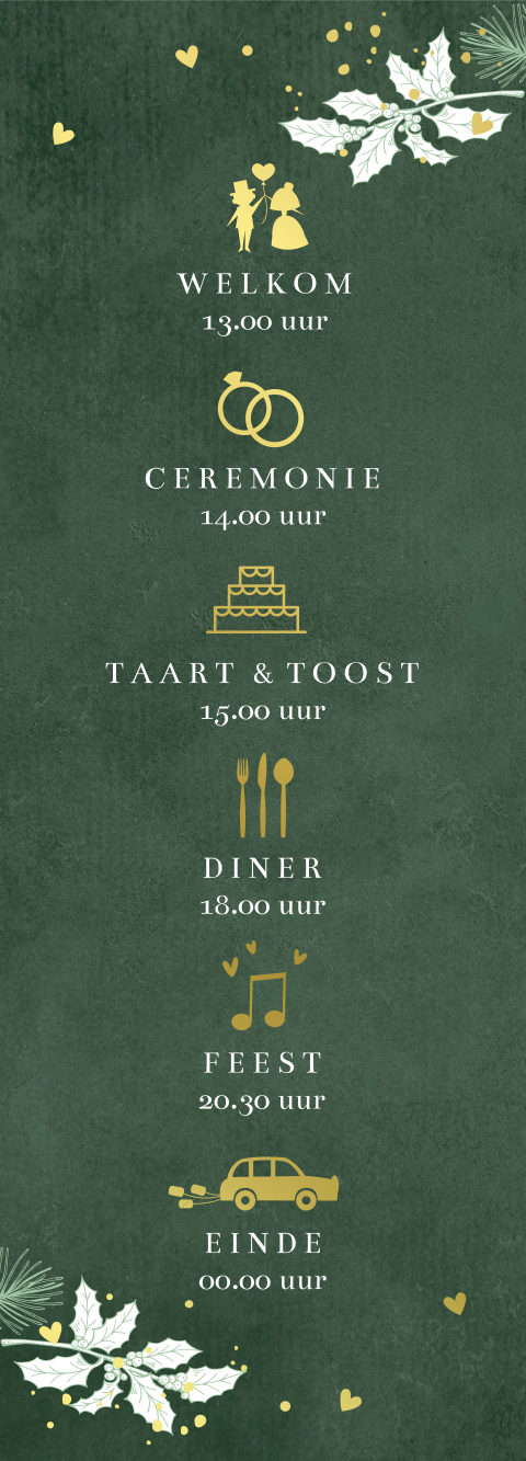Programmakaartje bruiloft stripvorm groen kerst symbolen (per 3 stuks)