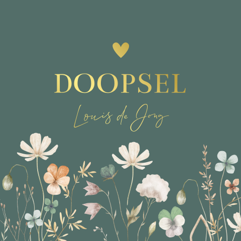 Doop uitnodiging jongen groen veld bloemen goudfolie