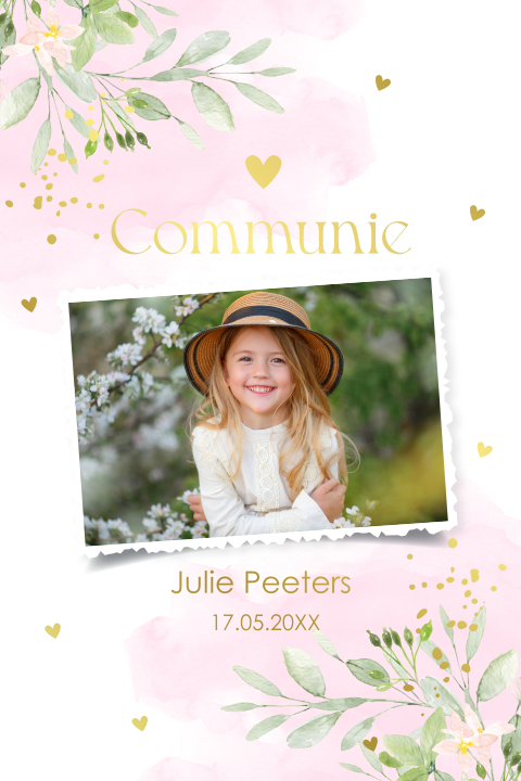 Communie uitnodiging meisje eigen foto botanisch roze goudfolie