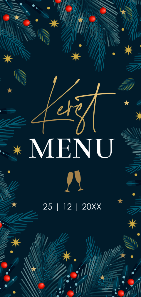 Kerstmenukaart blauw kersttakjes champagneglazen goudfolie