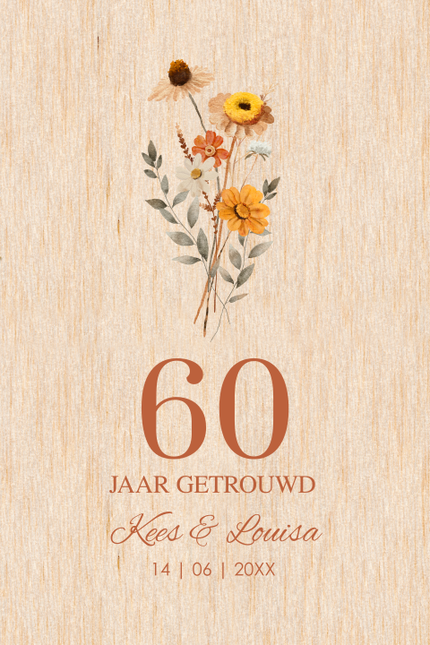 Uitnodiging jubileum huwelijk 60 jaar getrouwd echt hout bloemen