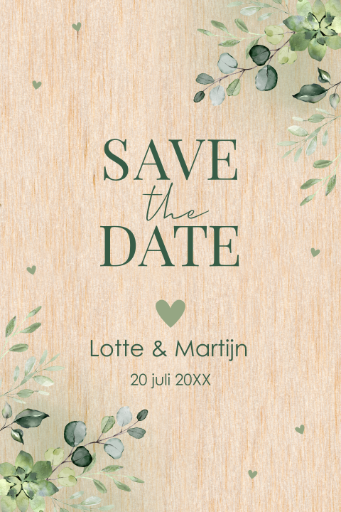 Save the date kaart echt hout botanisch waterverf bladeren groen