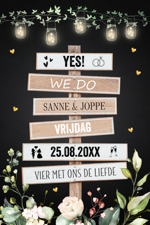 Trouwkaart wegwijzer hout bloemen lampjes
