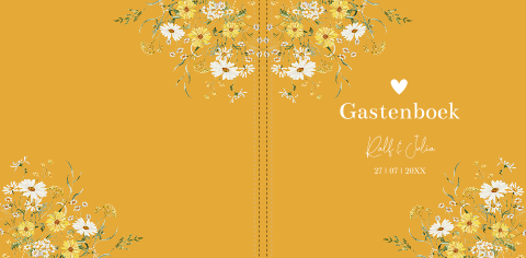 Gastenboek bruiloft okergeel veldbloemen vierkant