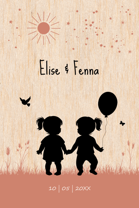 Geboortekaartje tweeling meisjes silhouet op echt hout