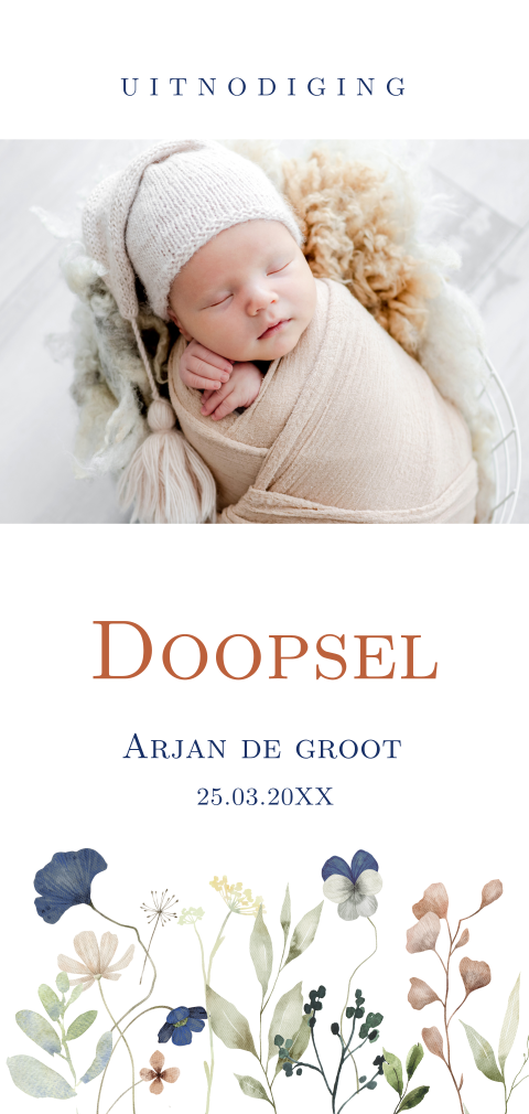 Doopkaart doop uitnodiging jongen wit botanisch bladeren foto