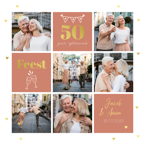 Uitnodiging jubileum huwelijk 50 jaar getrouwd fotocollage goudfolie