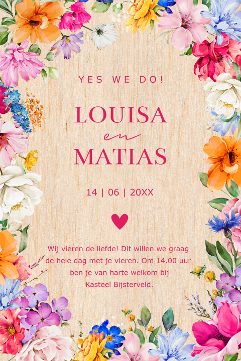 Trouwkaart op echt hout fleurige kleurijke bloemen