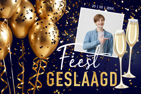 Uitnodiging geslaagd feestje eigen foto ballonnen goudlook