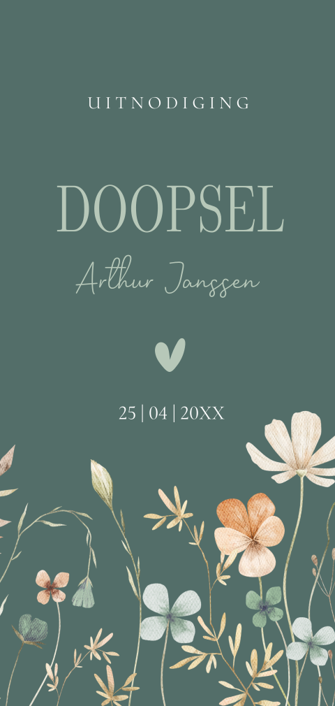 Doop uitnodiging jongen langwerpig groen bloemen