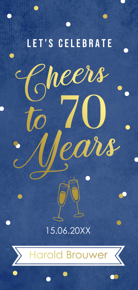 Uitnodiging verjaardag 70 jaar blauw goudfolie langwerpig