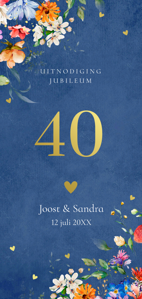 Jubileum uitnodiging 40 jaar getrouwd bloemen blauw goudfolie