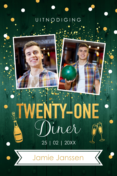 Uitnodiging 21 diner party man foto groen goudlook feest
