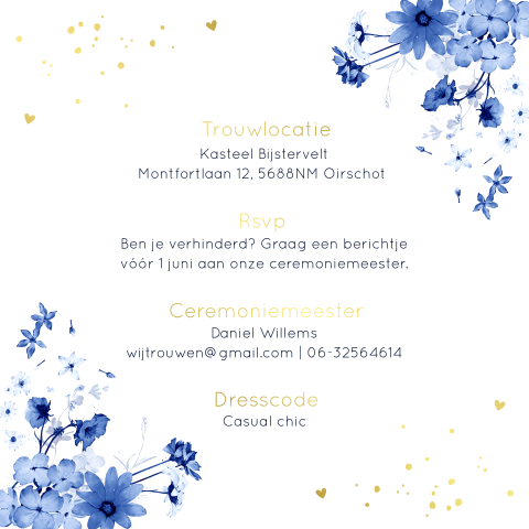 Inlegkaartje trouwkaart bloemen blauw op kalkpapier