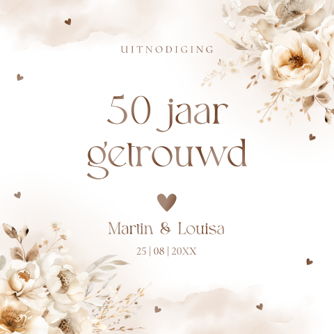 Jubileum uitnodiging 50 jaar getrouwd beige bloemen hoogglans