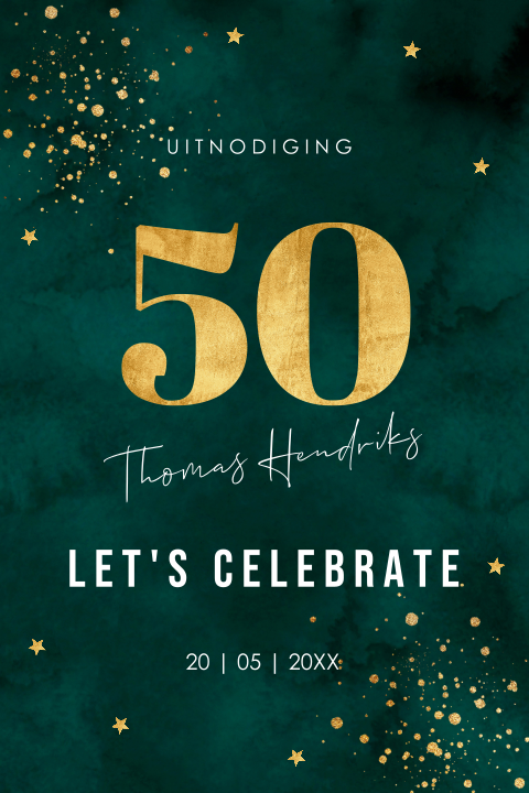 Uitnodiging verjaardag 50 jaar man groen goud look spetters
