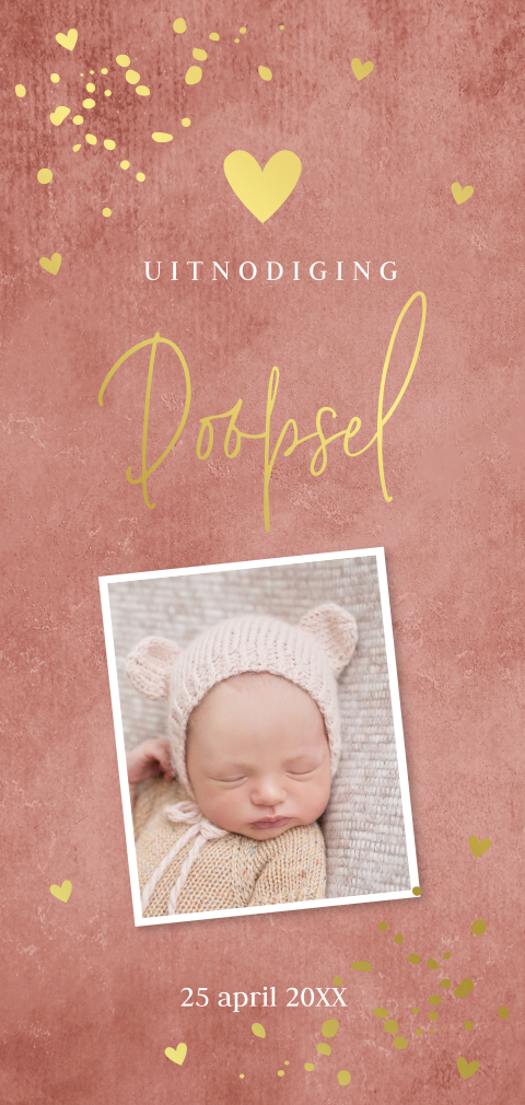 Doop uitnodiging meisje foto roze langwerpig goudfolie
