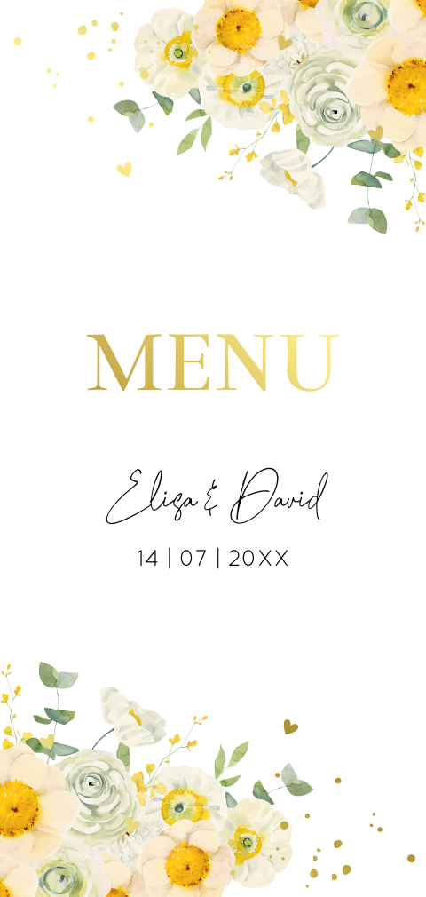 Menukaart huwelijk watercolour bloemen blauw geel goudfolie